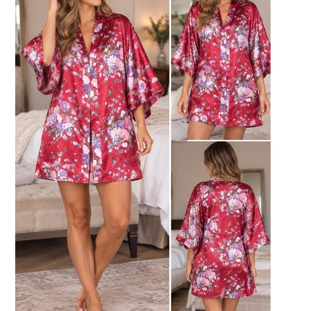 Womens OS Mei Ye Si Da Robe Red Floral Satin Kimono Boho Sleepwear Loungewear